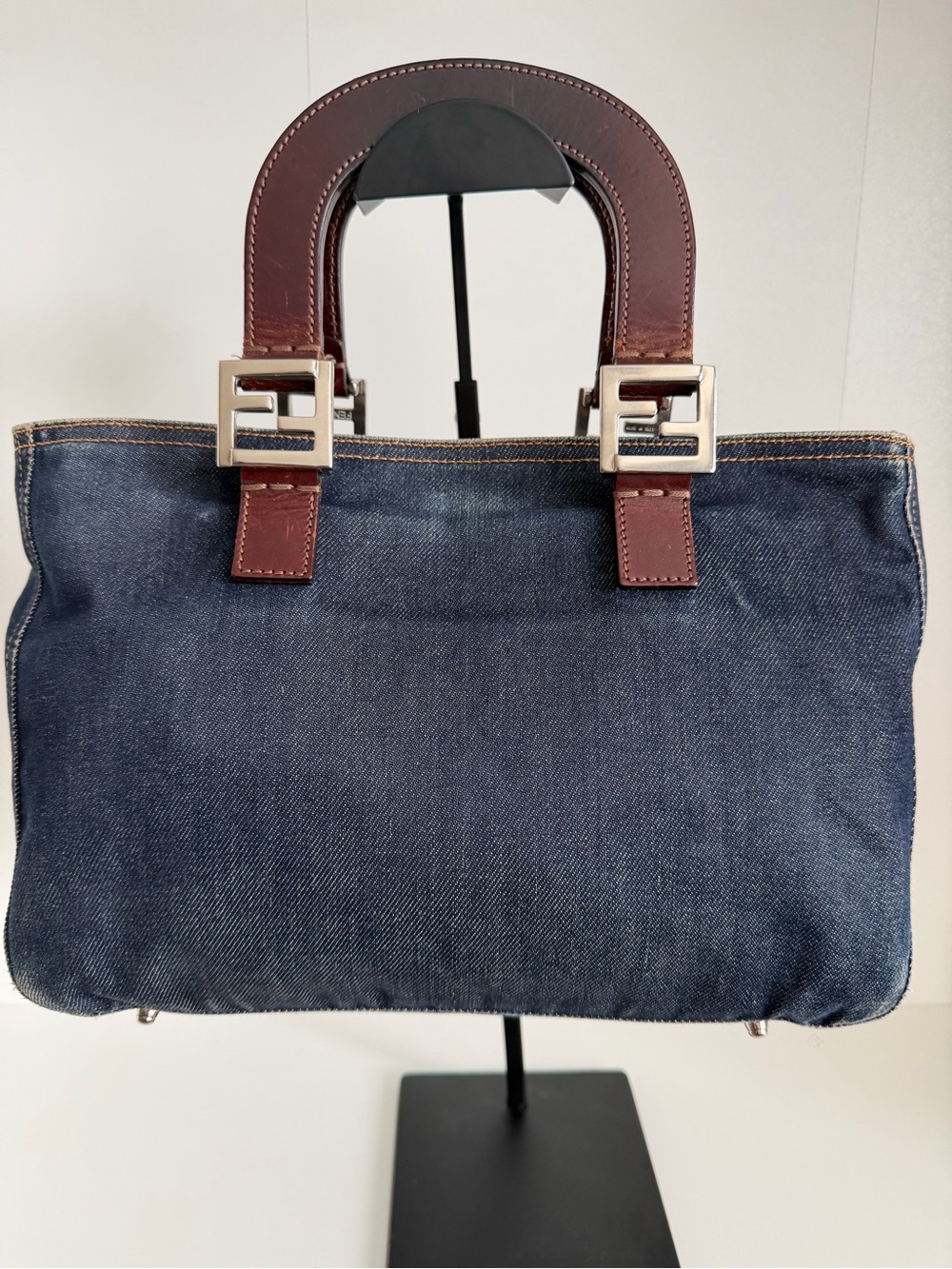 Fendi Denim Tote with Brown Leather Handles and Silver Hardware